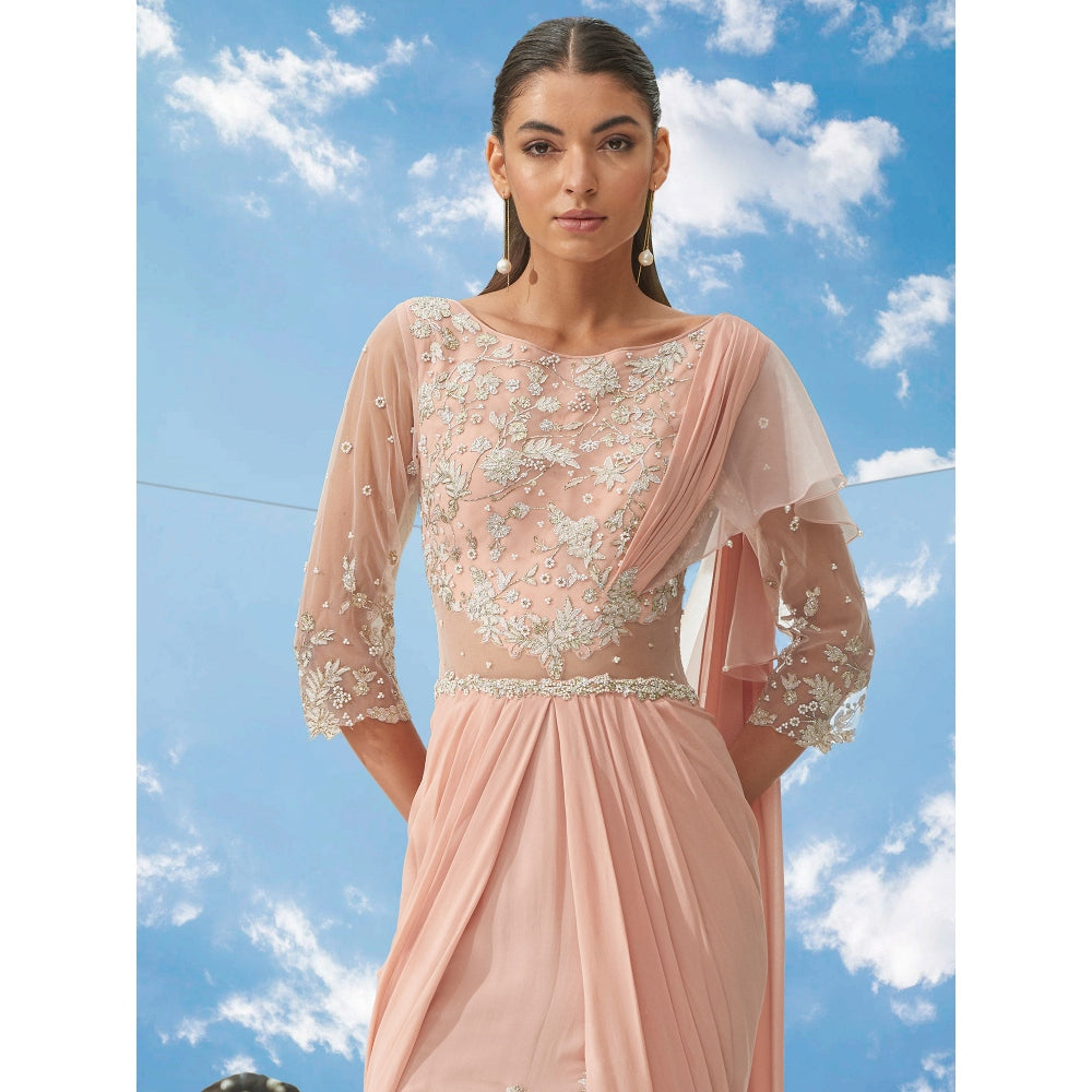 Mandira Wirk Peach Applique Twist Peach Fish Tail Drape Saree With Stitched Blouse (Set of 2)