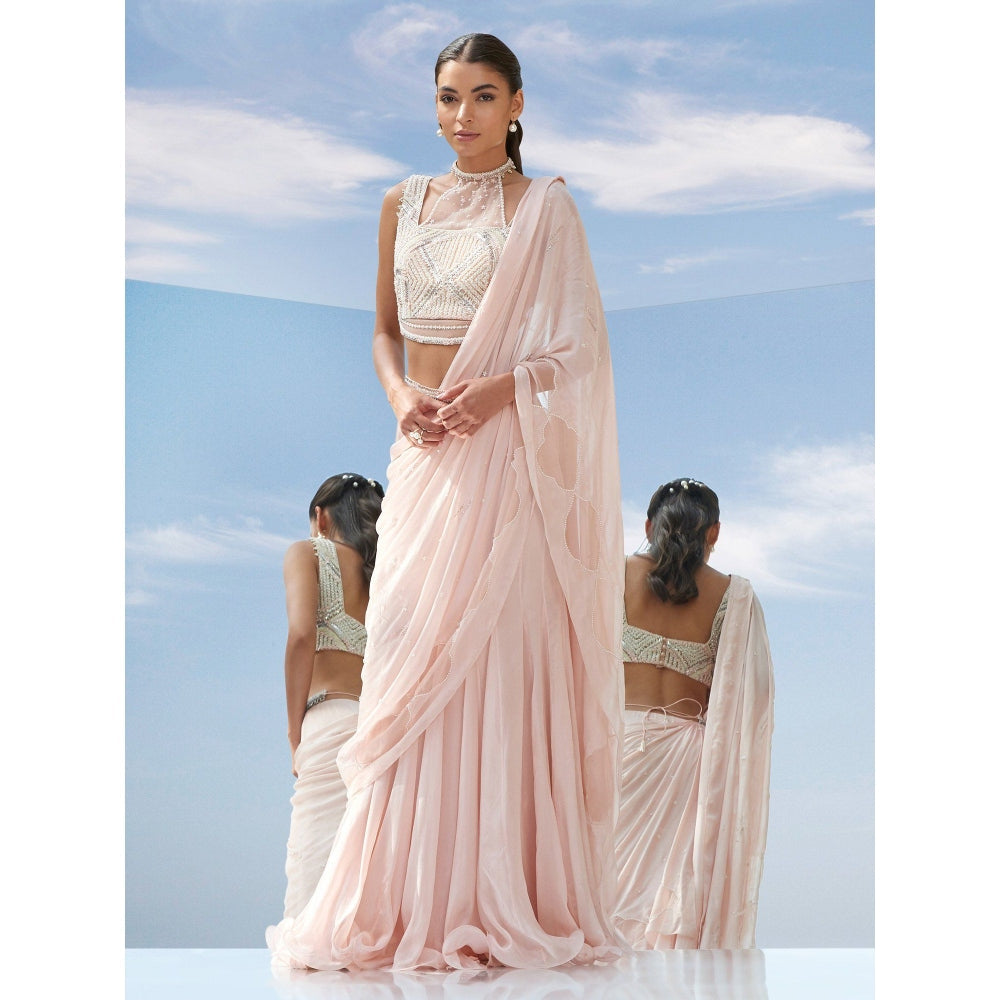 Mandira Wirk Pearly Peach Embroidered Drape Saree With Stitched Blouse (Set of 2)