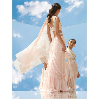 Mandira Wirk Pearly Peach Embroidered Drape Saree With Stitched Blouse (Set of 2)