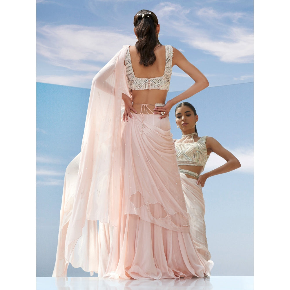 Mandira Wirk Pearly Peach Embroidered Drape Saree With Stitched Blouse (Set of 2)