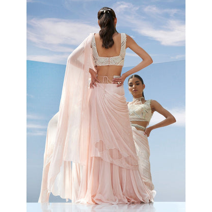 Mandira Wirk Pearly Peach Embroidered Drape Saree With Stitched Blouse (Set of 2)