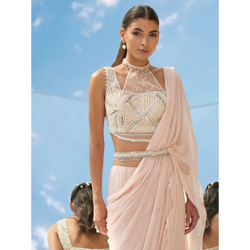 Mandira Wirk Pearly Peach Embroidered Drape Saree With Stitched Blouse (Set of 2)