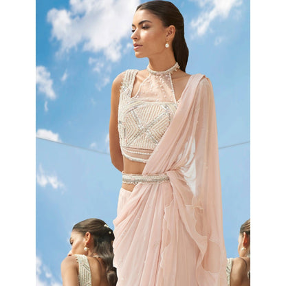 Mandira Wirk Pearly Peach Embroidered Drape Saree With Stitched Blouse (Set of 2)