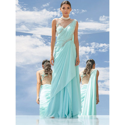 Mandira Wirk Blue Pearl Swirl Embroidered Chiffon Drape Saree With Stitched Blouse (Set of 2)