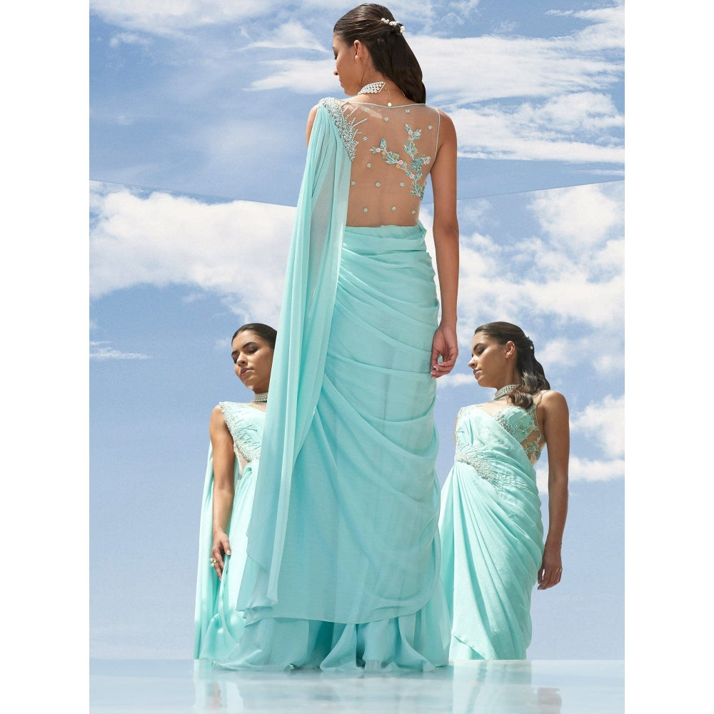 Mandira Wirk Blue Pearl Swirl Embroidered Chiffon Drape Saree With Stitched Blouse (Set of 2)