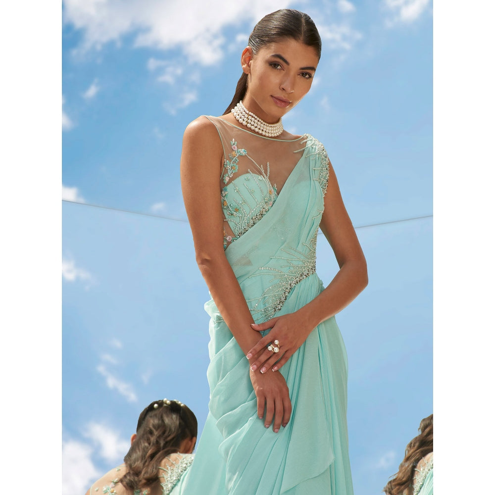 Mandira Wirk Blue Pearl Swirl Embroidered Chiffon Drape Saree With Stitched Blouse (Set of 2)