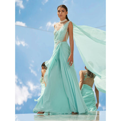 Mandira Wirk Blue Pearl Swirl Embroidered Chiffon Drape Saree With Stitched Blouse (Set of 2)