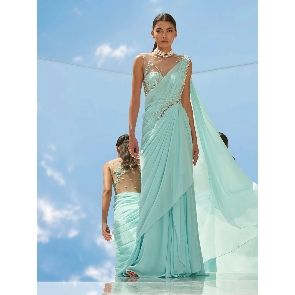 Mandira Wirk Blue Pearl Swirl Embroidered Chiffon Drape Saree With Stitched Blouse (Set of 2)