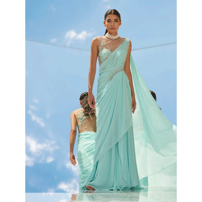 Mandira Wirk Blue Pearl Swirl Embroidered Chiffon Drape Saree With Stitched Blouse (Set of 2)