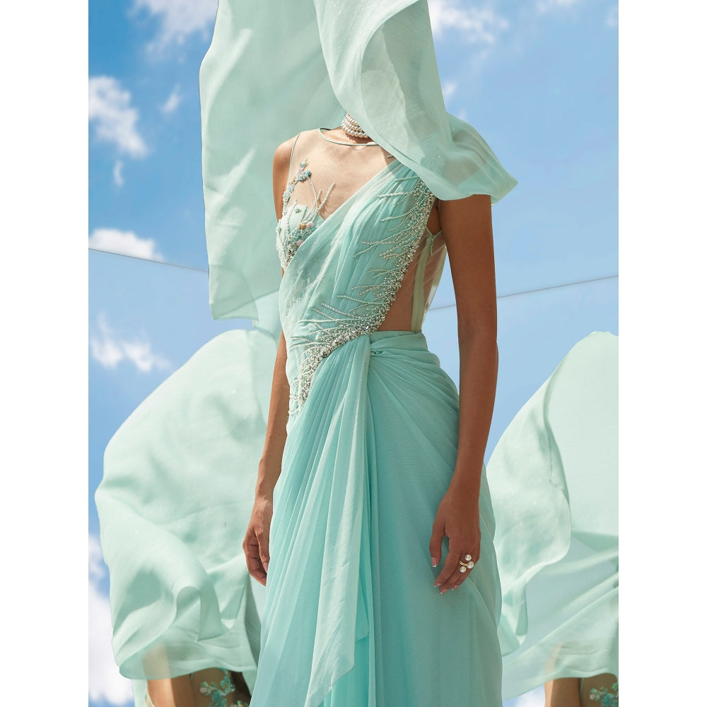 Mandira Wirk Blue Pearl Swirl Embroidered Chiffon Drape Saree With Stitched Blouse (Set of 2)