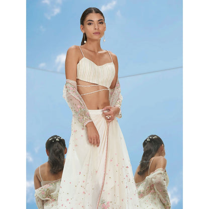 Mandira Wirk Apsara Ivory Embroidered Jacket With Bustier & Skirt (Set of 3)