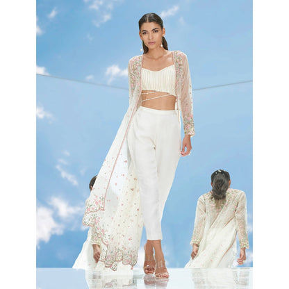 Mandira Wirk Apsara Ivory Embroidered Jacket With Bustier & Skirt (Set of 3)