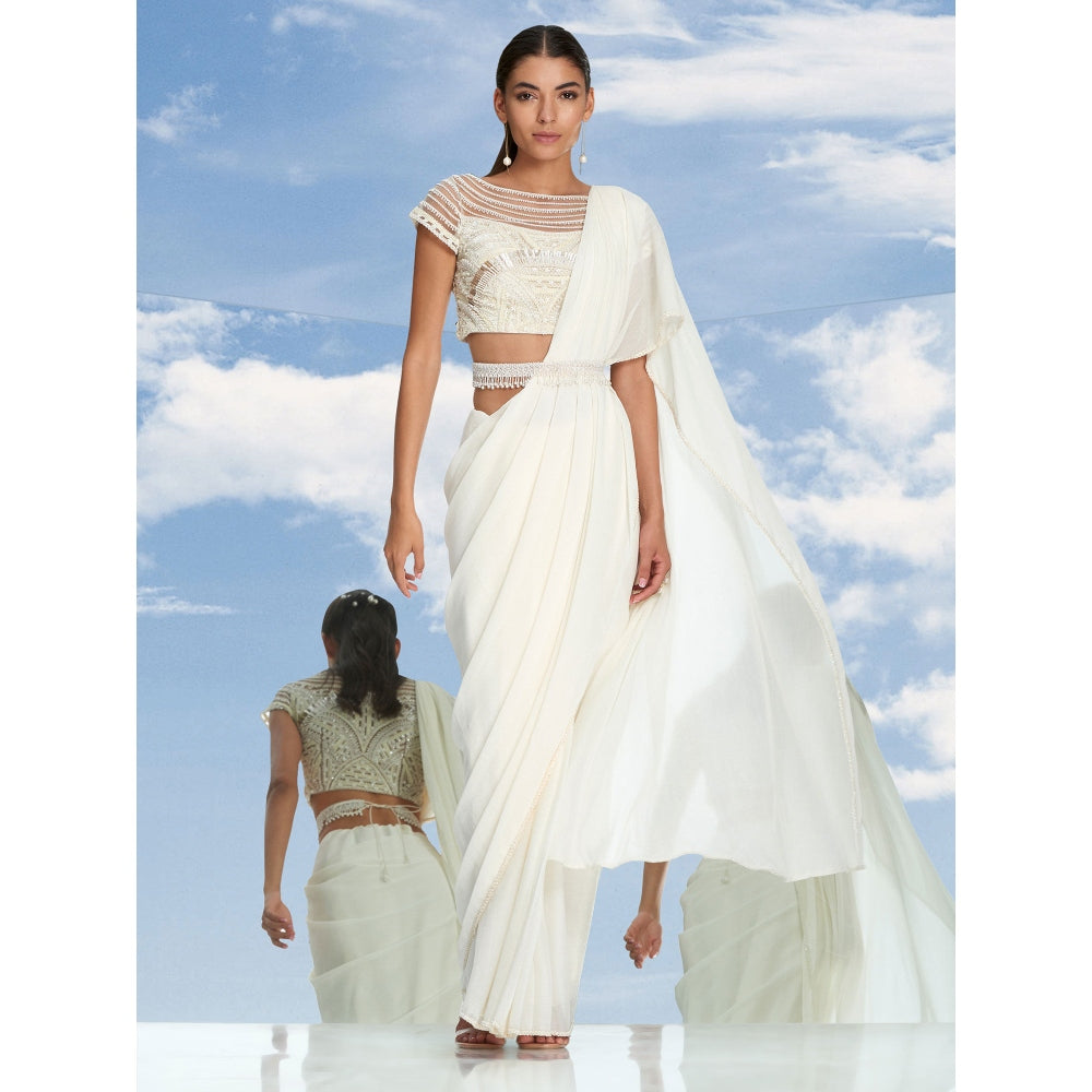 Mandira Wirk Ivory Pearl Drape Beaded Chiffon Saree With Stitched Blouse (Set of 2)