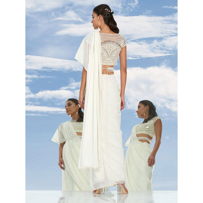 Mandira Wirk Ivory Pearl Drape Beaded Chiffon Saree With Stitched Blouse (Set of 2)