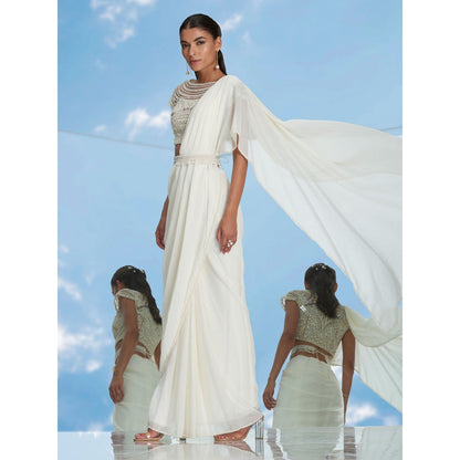 Mandira Wirk Ivory Pearl Drape Beaded Chiffon Saree With Stitched Blouse (Set of 2)