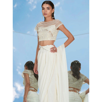 Mandira Wirk Ivory Pearl Drape Beaded Chiffon Saree With Stitched Blouse (Set of 2)