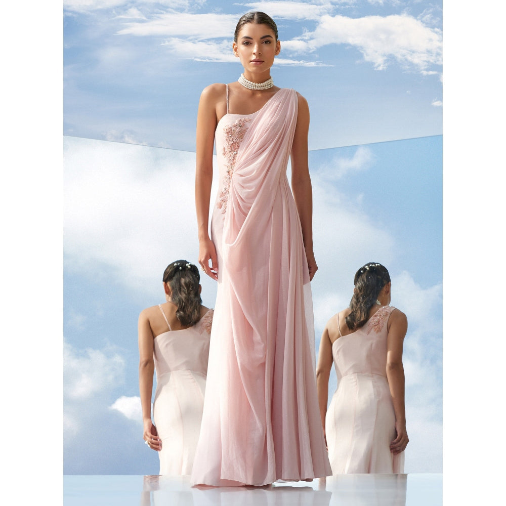 Mandira Wirk Tonal Tune-Desire Embroidered Peach Drape Gown