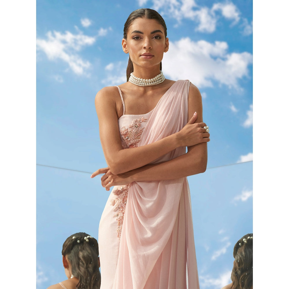 Mandira Wirk Tonal Tune-Desire Embroidered Peach Drape Gown