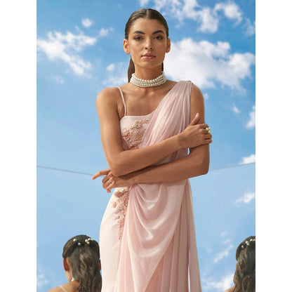 Mandira Wirk Tonal Tune-Desire Embroidered Peach Drape Gown