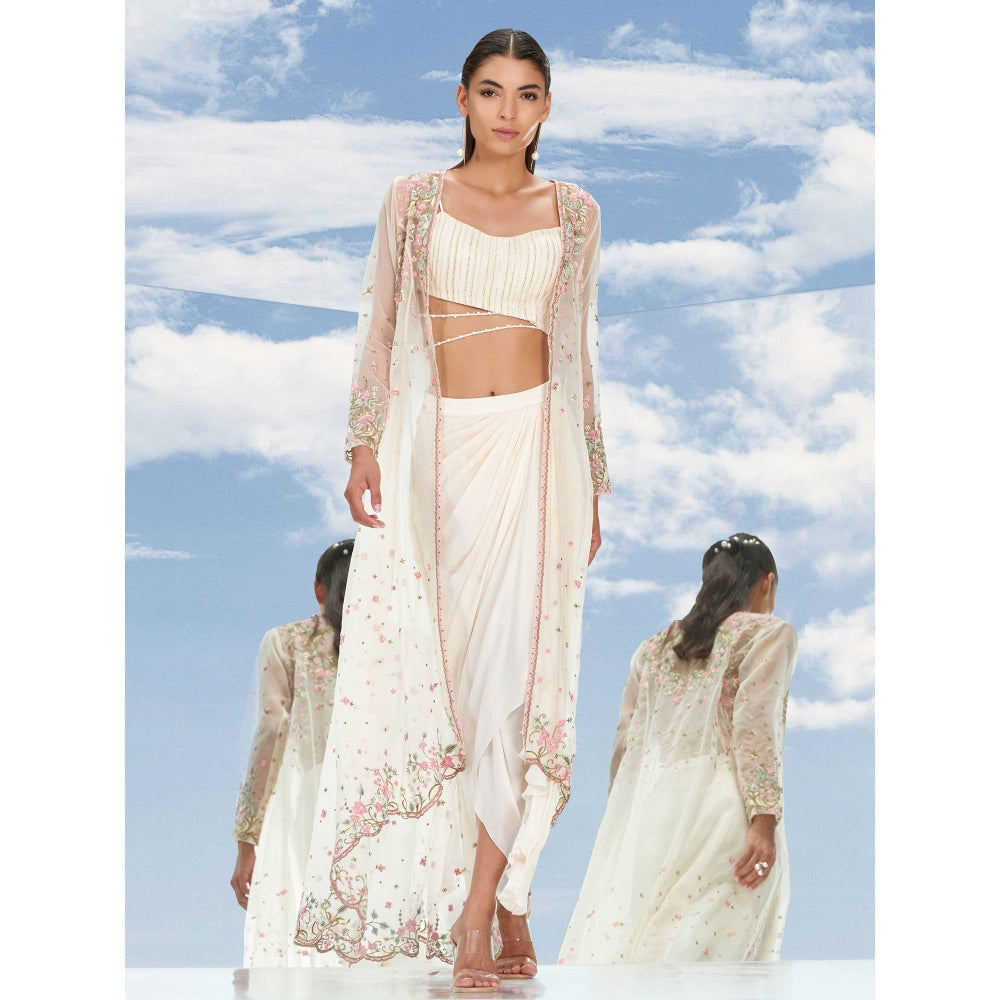Mandira Wirk Apsara Ivory Embroidered Jacket With Bustier & Pant (Set of 3)