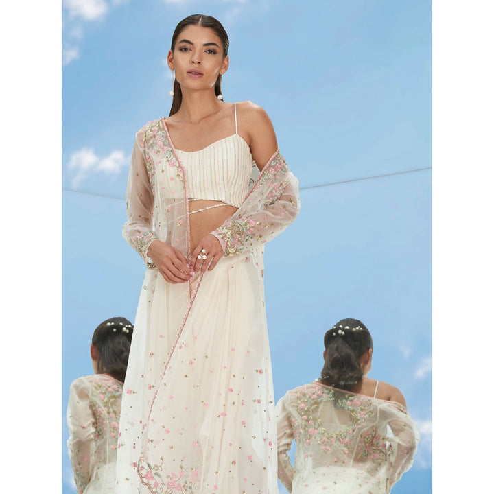Mandira Wirk Apsara Ivory Embroidered Jacket With Bustier & Pant (Set of 3)
