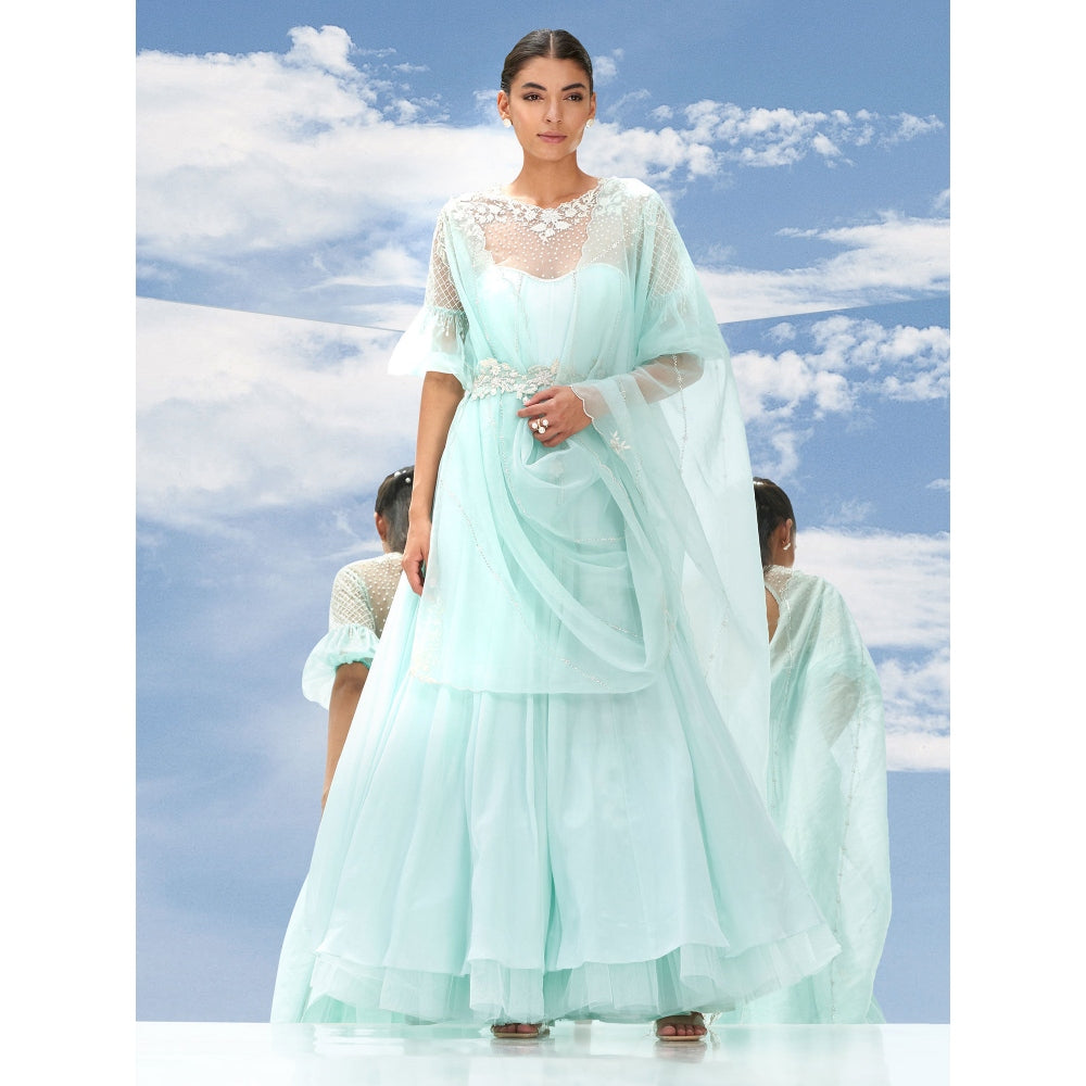 Mandira Wirk Green Frozen Flora Chiffon Kalidar Tunic With Skirt & Dupatta (Set of 3)