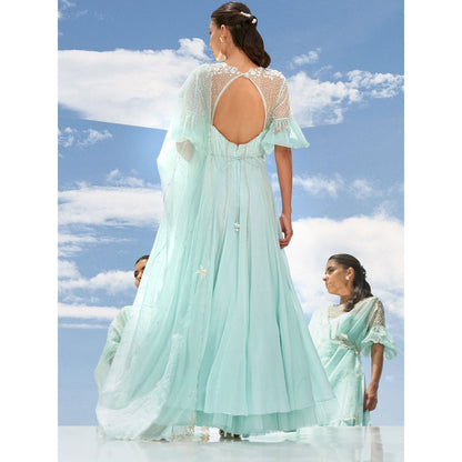 Mandira Wirk Green Frozen Flora Chiffon Kalidar Tunic With Skirt & Dupatta (Set of 3)