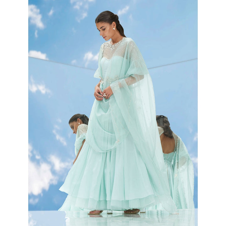 Mandira Wirk Green Frozen Flora Chiffon Kalidar Tunic With Skirt & Dupatta (Set of 3)