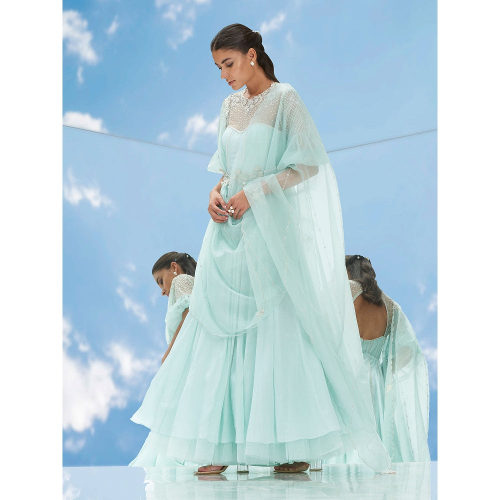 Mandira Wirk Green Frozen Flora Chiffon Kalidar Tunic With Skirt & Dupatta (Set of 3)