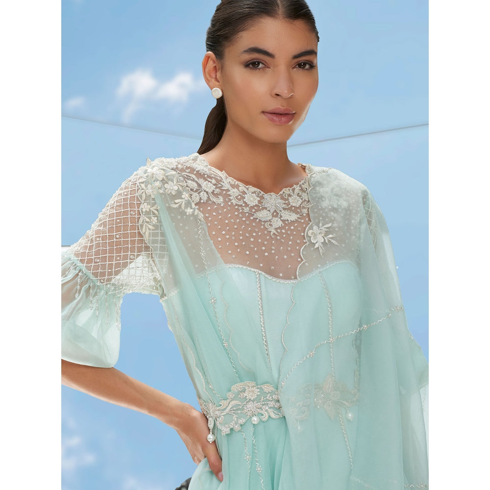 Mandira Wirk Green Frozen Flora Chiffon Kalidar Tunic With Skirt & Dupatta (Set of 3)