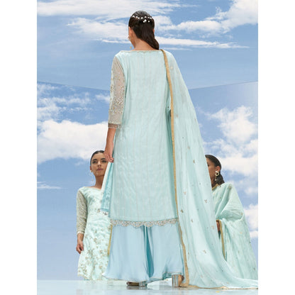 Mandira Wirk Green Metallic Garden Embroidered Tulle Kurta With Pant & Dupatta (Set of 3)