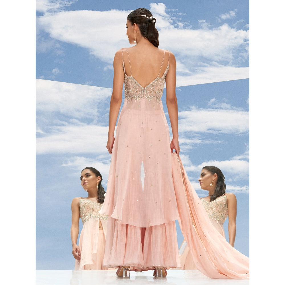 Mandira Wirk Peach Metallic Fantasy Embroidered Tunic And Garara With Dupatta (Set of 3)