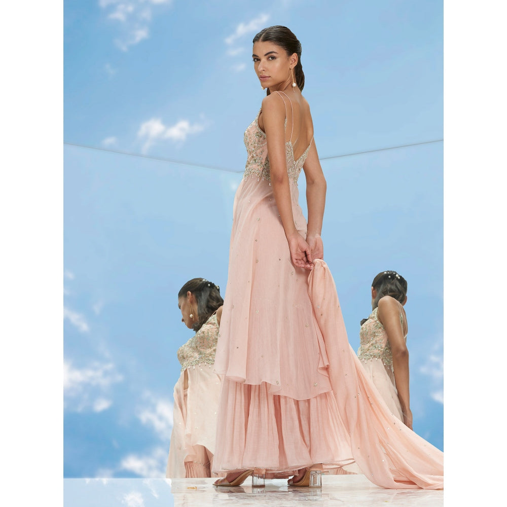 Mandira Wirk Peach Metallic Fantasy Embroidered Tunic And Garara With Dupatta (Set of 3)