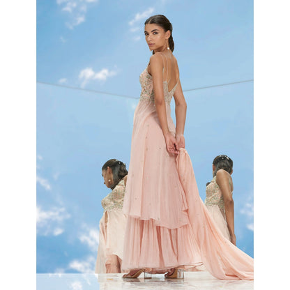 Mandira Wirk Peach Metallic Fantasy Embroidered Tunic And Garara With Dupatta (Set of 3)