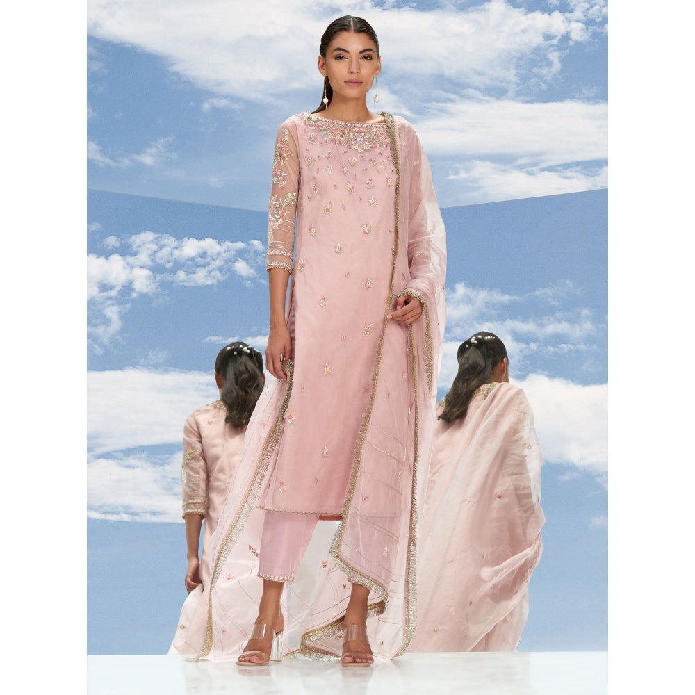 Mandira Wirk Pink Disperse Garden Embroidered Organza Kurta With Pant & Dupatta (Set of 3)