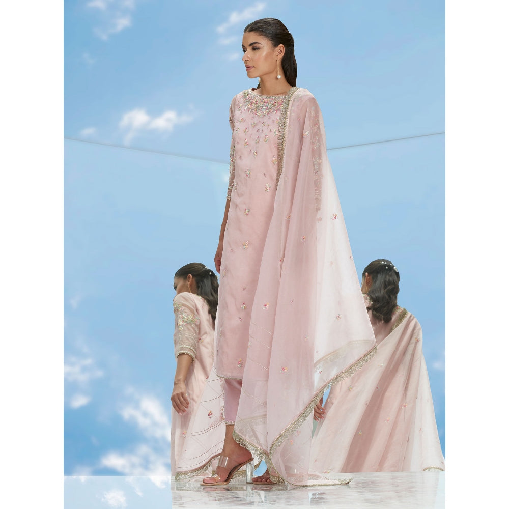 Mandira Wirk Pink Disperse Garden Embroidered Organza Kurta With Pant & Dupatta (Set of 3)
