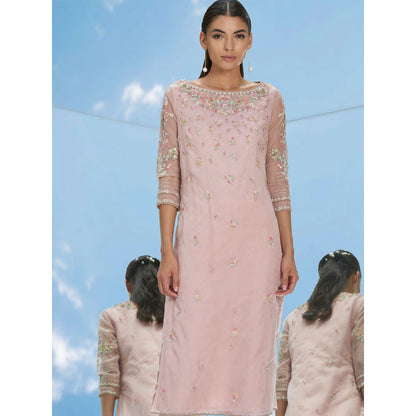 Mandira Wirk Pink Disperse Garden Embroidered Organza Kurta With Pant & Dupatta (Set of 3)
