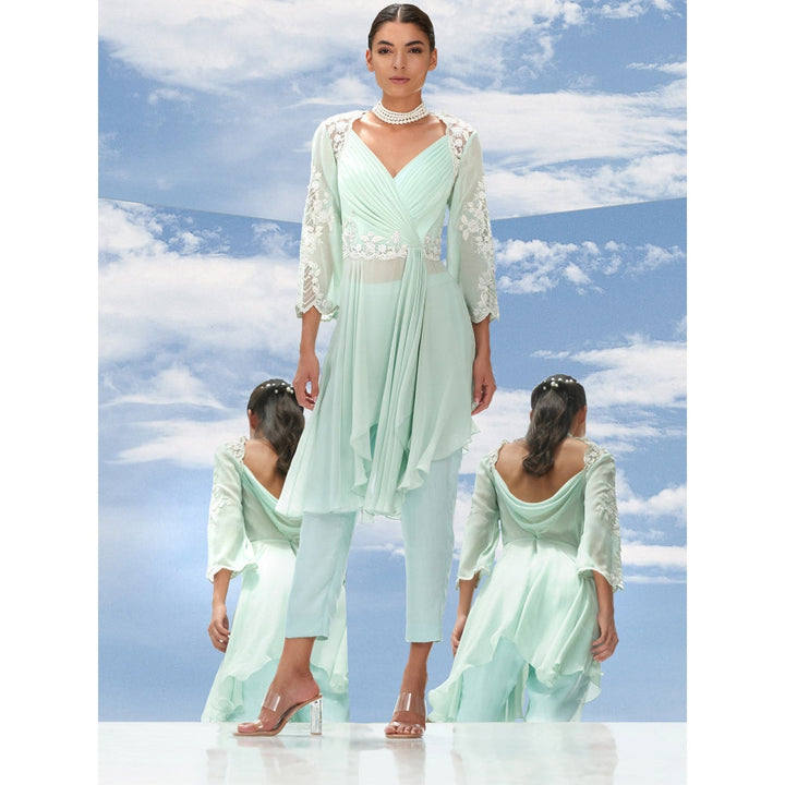 Mandira Wirk Green Dreamy Pearl Embroidered Ggt Drape Top With Pant (Set of 2)