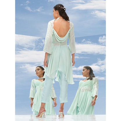 Mandira Wirk Green Dreamy Pearl Embroidered Ggt Drape Top With Pant (Set of 2)