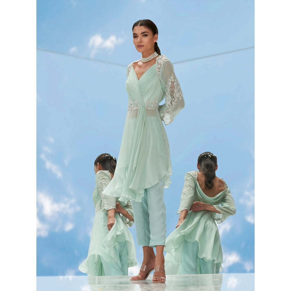 Mandira Wirk Green Dreamy Pearl Embroidered Ggt Drape Top With Pant (Set of 2)