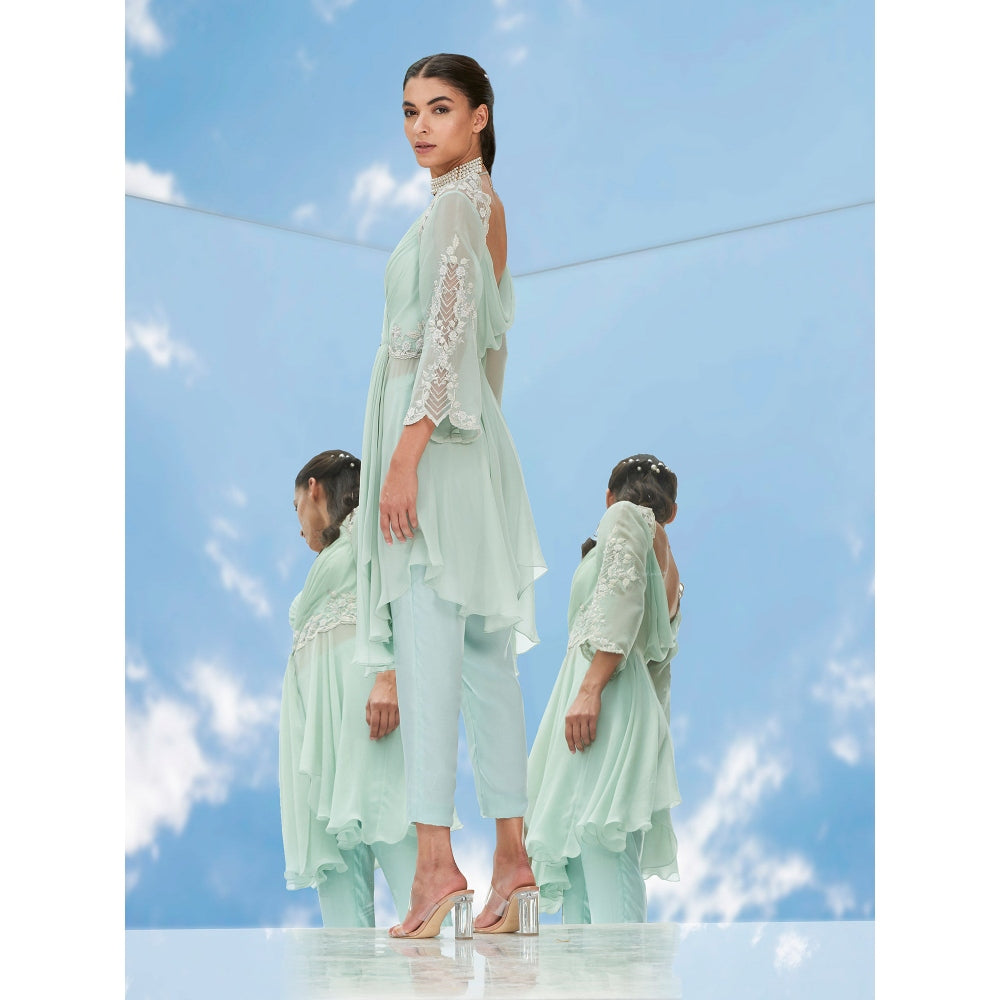 Mandira Wirk Green Dreamy Pearl Embroidered Ggt Drape Top With Pant (Set of 2)