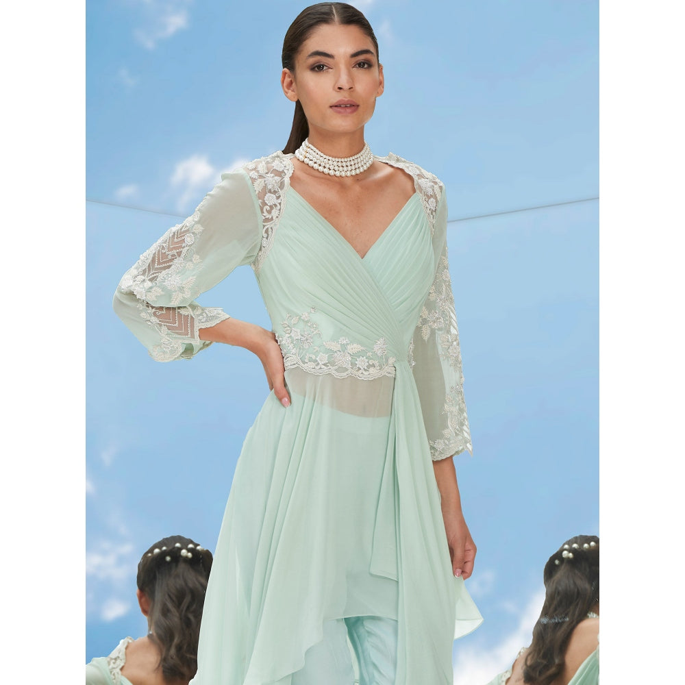 Mandira Wirk Green Dreamy Pearl Embroidered Ggt Drape Top With Pant (Set of 2)