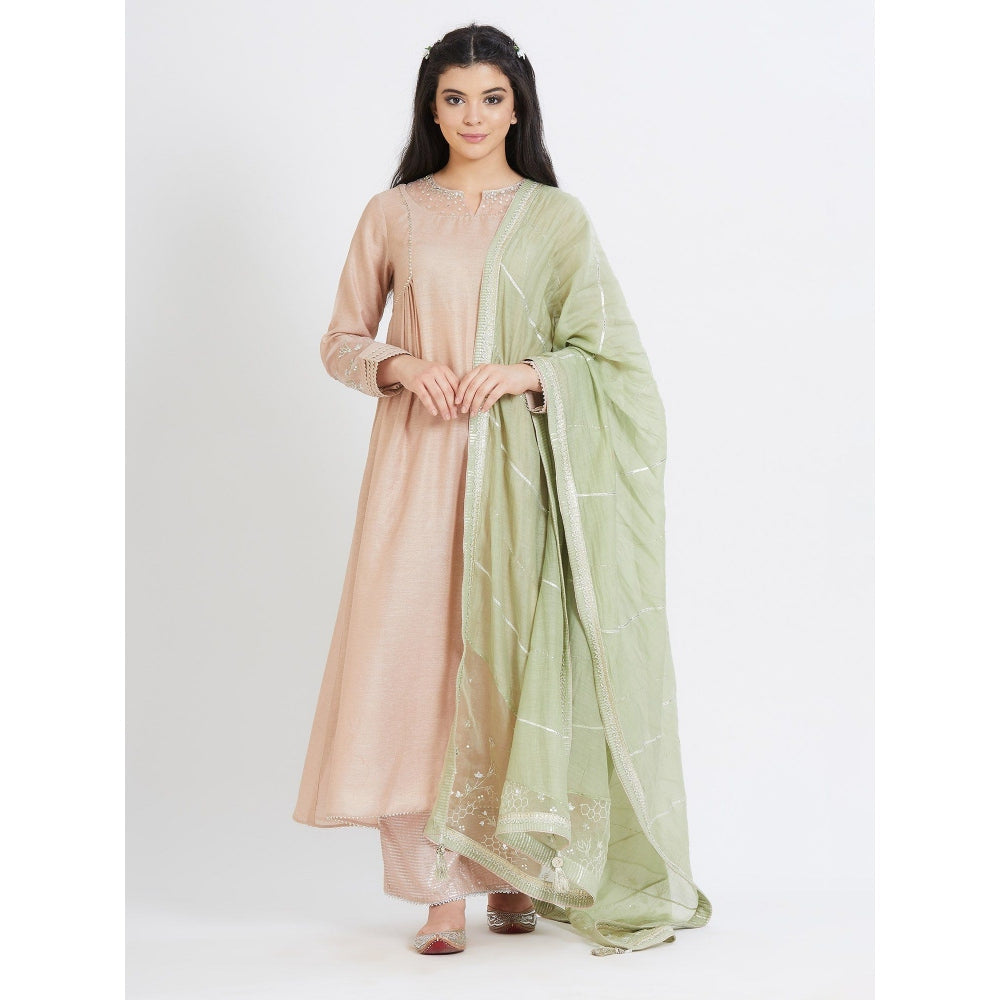 MANDIRA WIRK Nude Pleated Tunic With Palazzo With Dupatta (Set Of 3)