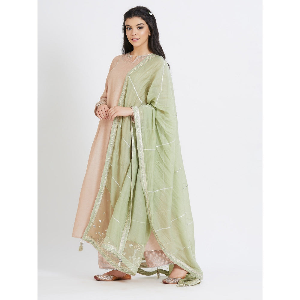 MANDIRA WIRK Nude Pleated Tunic With Palazzo With Dupatta (Set Of 3)