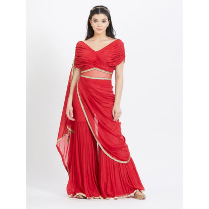 MANDIRA WIRK Red Embroidered Drape Saree With Stitched Blouse
