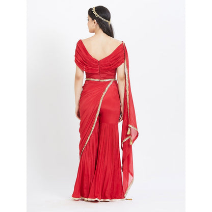 MANDIRA WIRK Red Embroidered Drape Saree With Stitched Blouse