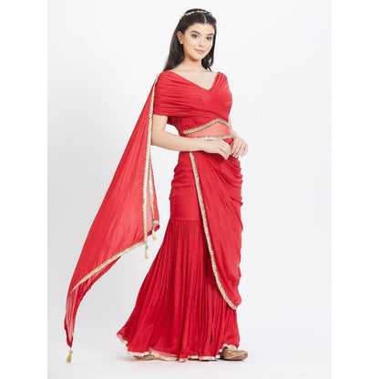MANDIRA WIRK Red Embroidered Drape Saree With Stitched Blouse