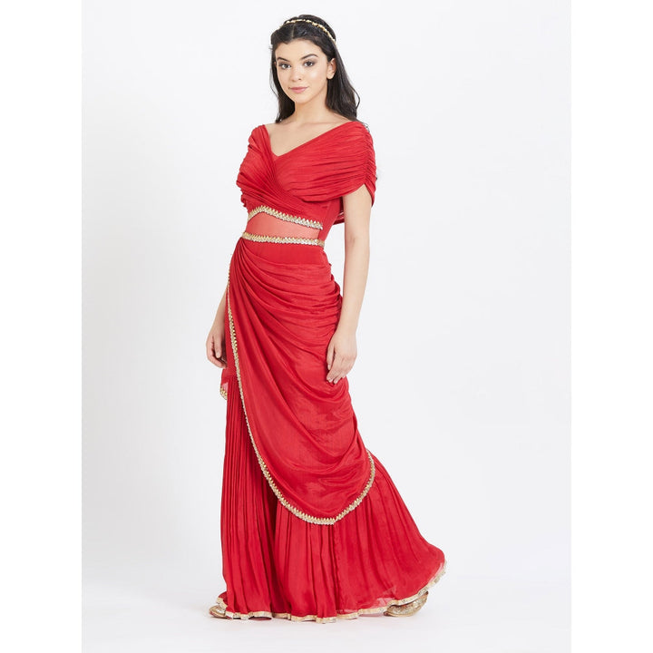 MANDIRA WIRK Red Embroidered Drape Saree With Stitched Blouse