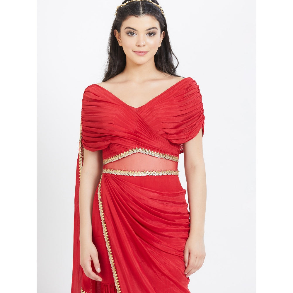 MANDIRA WIRK Red Embroidered Drape Saree With Stitched Blouse