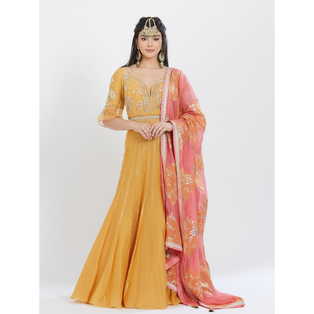 MANDIRA WIRK Yellow Embroidered Anarkali (Set Of 3)